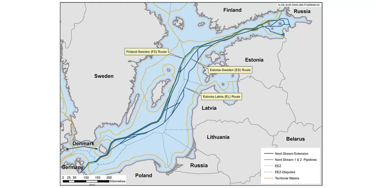 Mapa plinovoda Sjeverni tok 1 i 2 u Baltičkom moru (izvornik: Nord Stream AG, 2012.)

• Sjeverni tok, plinovodi