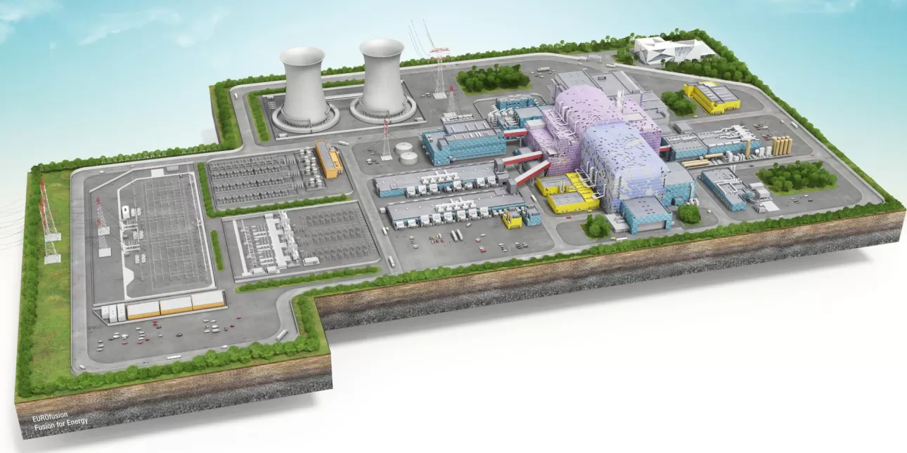Vizualizacija, odnosno shema fuzijske elektrane DEMO (izvornik: IRB/EUROfusion, 2022.)

• fuzijske elektrane, fuzija, DEMO, IRB, EUROfusion