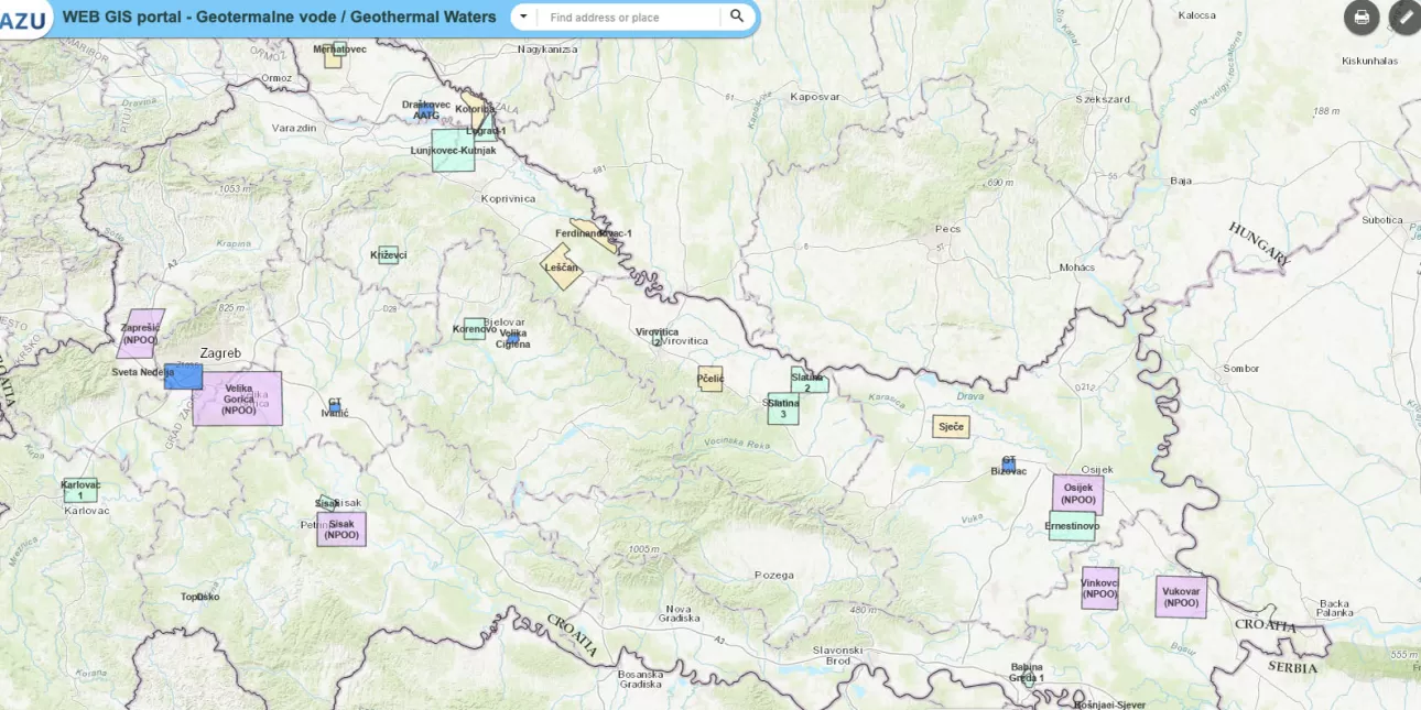 'Screenshot' mape geotermalnih voda u Hrvatskoj (izvornik: Agencija za ugljikovodike, siječanj 2023.)

• geotermalne vode, geotermalna energija, AZU