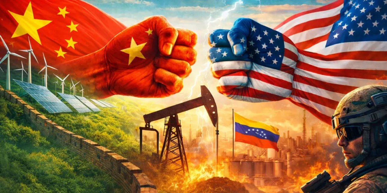 Ilustracija za kolumnu o energetskim posljedicama američke intervencije u Venezueli (izvornik: Open AI, siječanj 2026.) • Venezuela, Kina, SAD, nafta