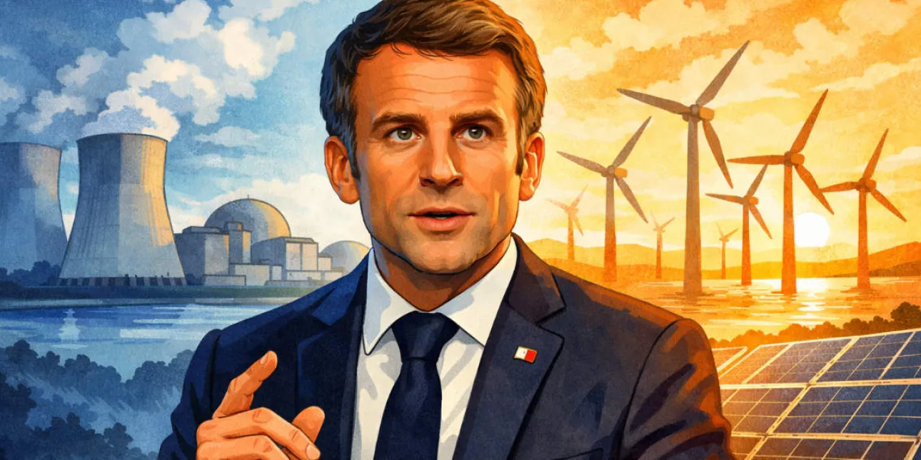 Emmanuel Macron energetika (foto: ChatGPT, veljača 2026.) • Emmanuel Macron, energetika, nuklearna energija, obnovljivi izvori