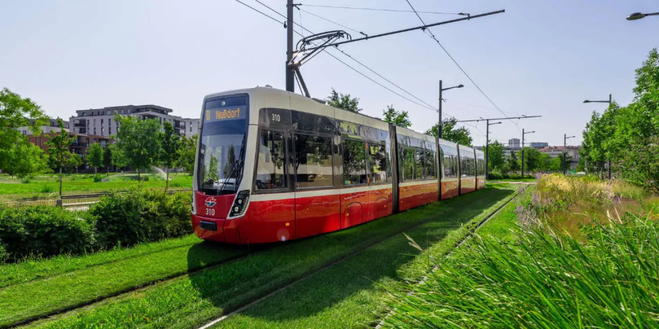 Zelene tramvajske tračnice u Beču (izvornik: Grad Beč, Timo Peischl, rujan 2026.) • Grad Beč, tramvaji, zelene tračnice